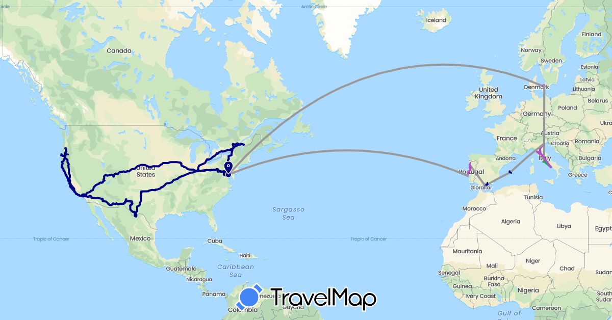 TravelMap itinerary: driving, bus, plane, train in Canada, Denmark, Spain, Italy, Portugal, United States, Vatican City (Europe, North America)