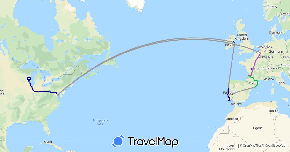 TravelMap itinerary: driving, bus, plane, train in Belgium, Spain, France, Ireland, Portugal, United States (Europe, North America)